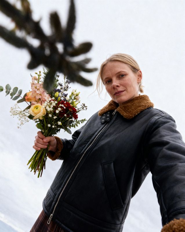 a woman is holding a bouquet of flowers