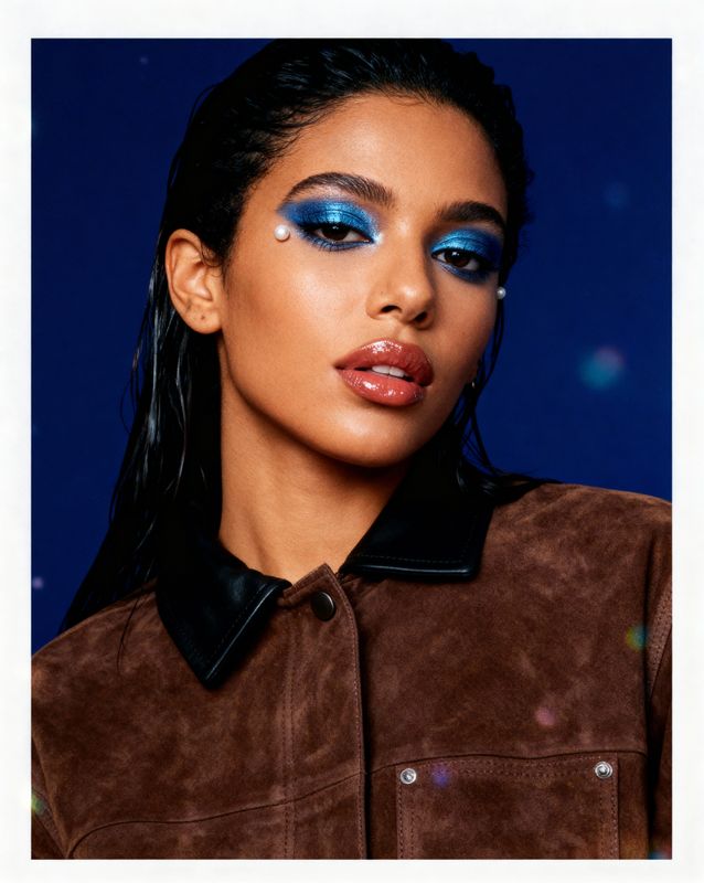 a woman with blue makeup and a brown jacket