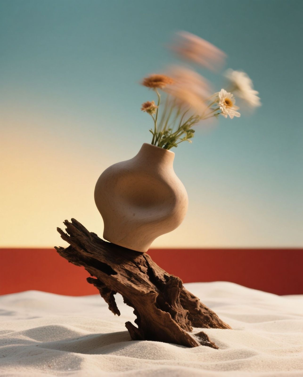 a vase with flowers in it sitting on a piece of driftwood