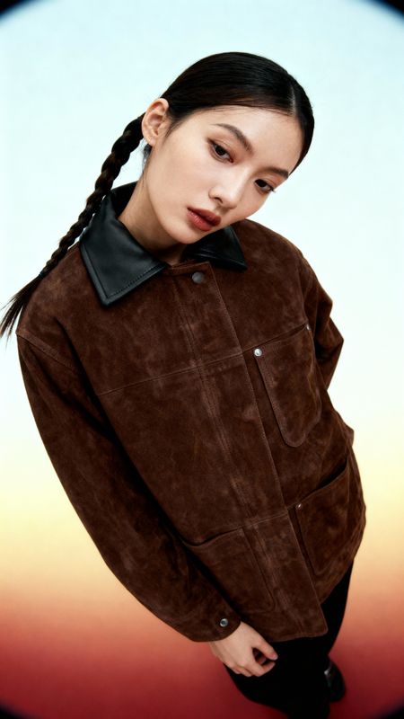 a woman in a brown jacket with a black bow tie