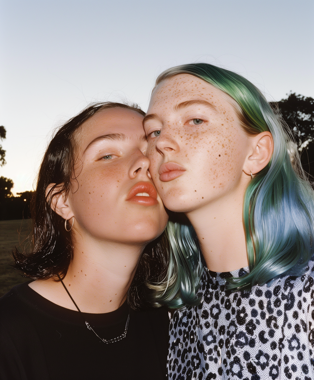 two women with green hair are kissing each other