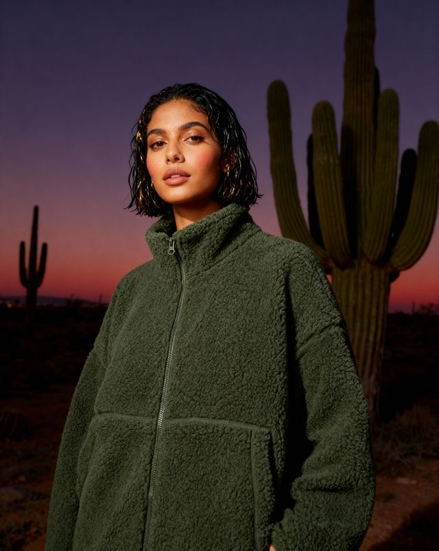 a woman standing in front of a cactus