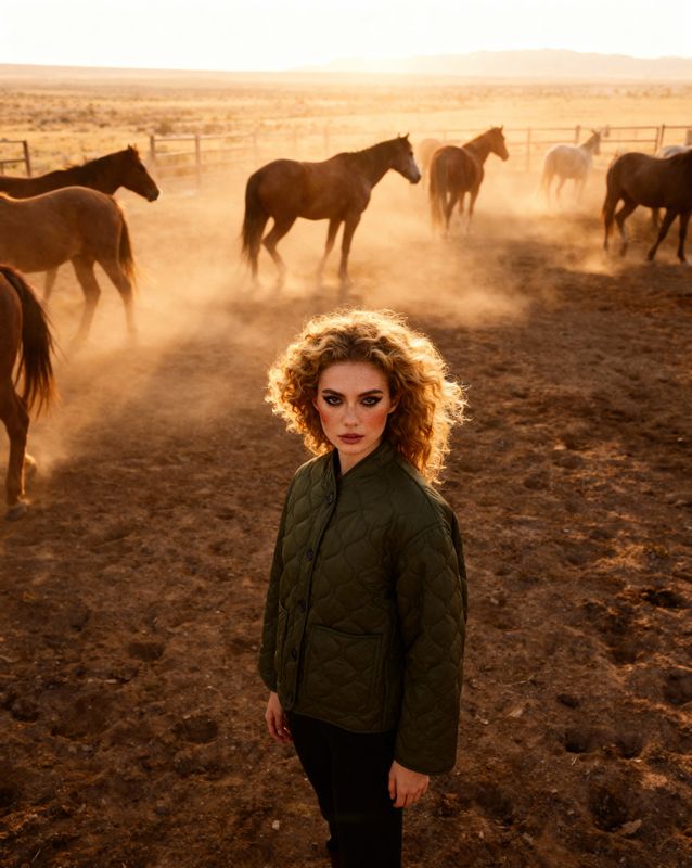 a woman standing in front of a herd of horses