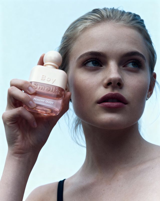 a woman holding a bottle of perfume in her hand