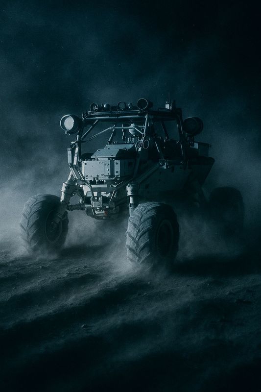 a monster truck driving through a foggy field