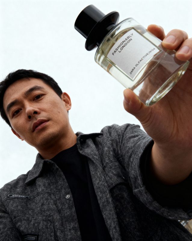 a man holding a bottle of perfume in his hand