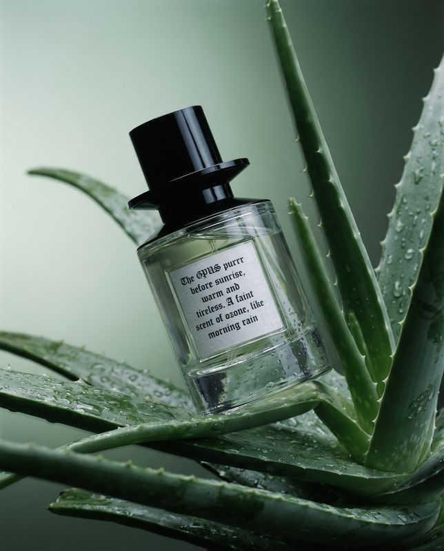 a bottle of perfume sitting on top of a plant