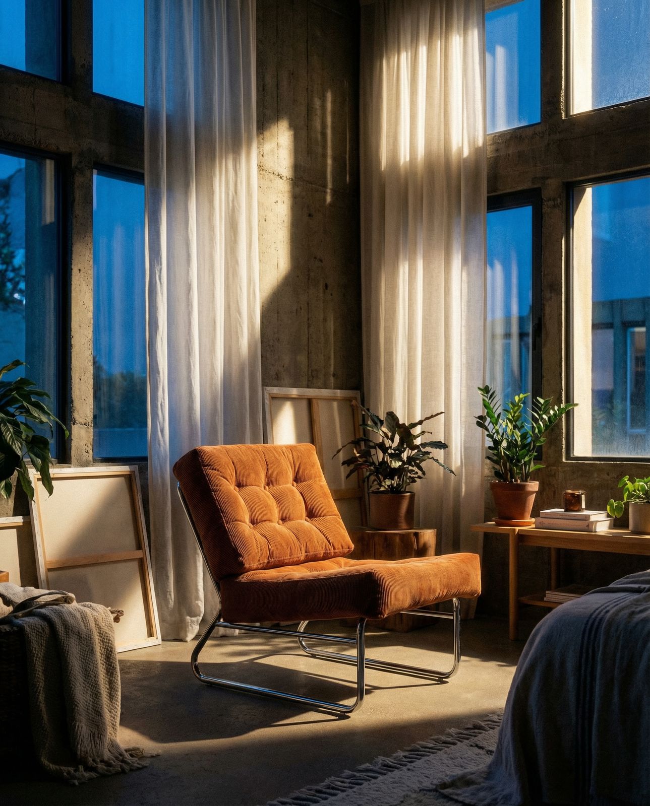 a bedroom with a chair and a bed in it