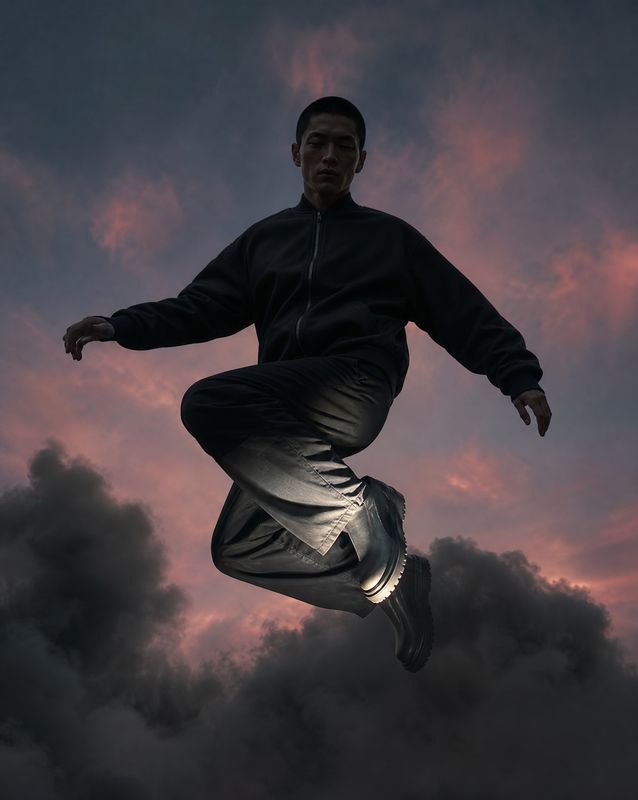 a man jumping in the air on a cloudy day