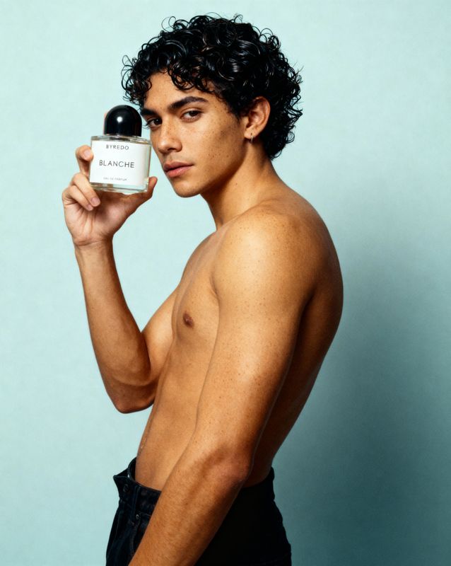 a shirtless man holding a bottle of perfume