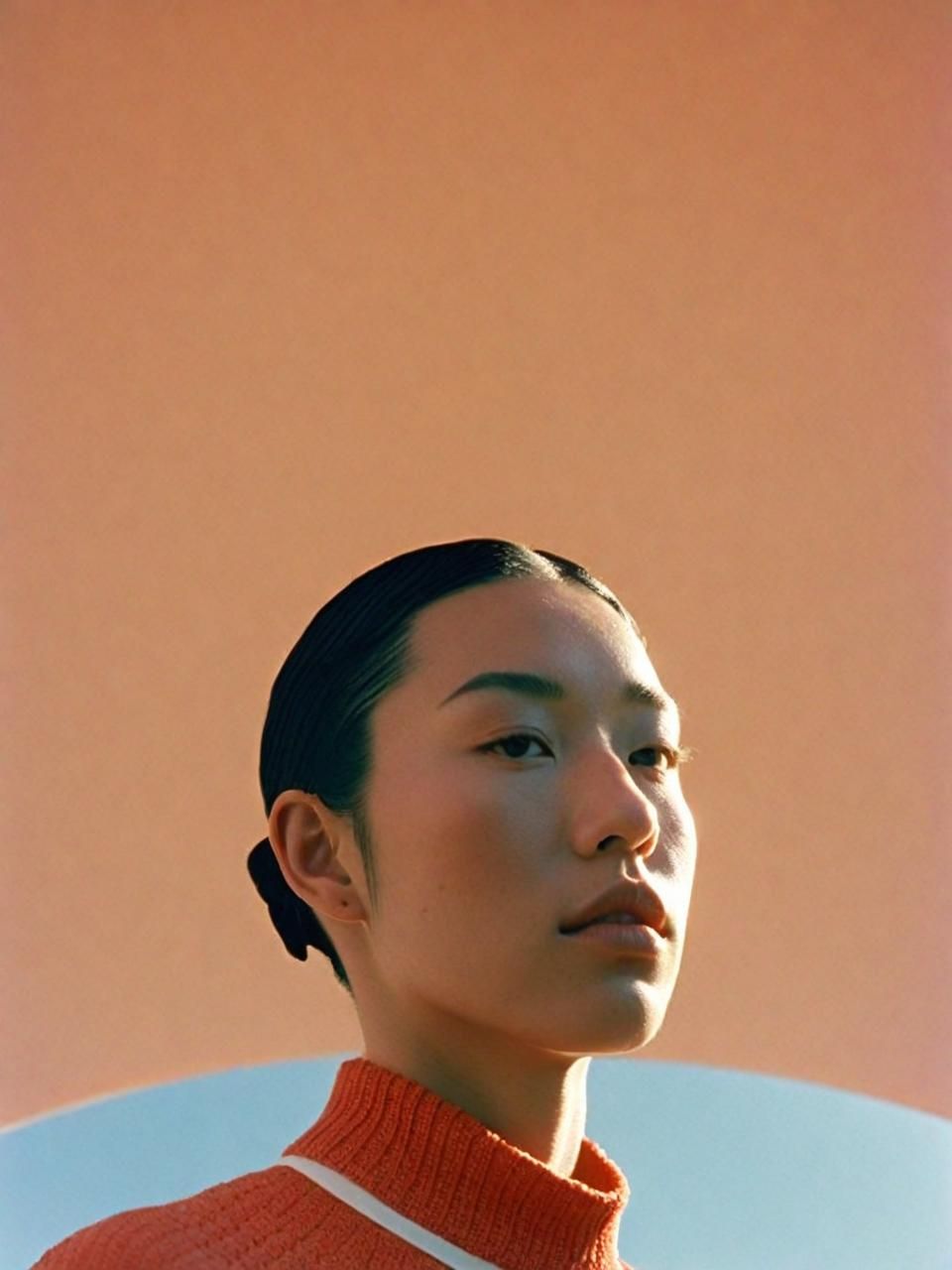 a woman in an orange sweater is standing in front of an orange wall