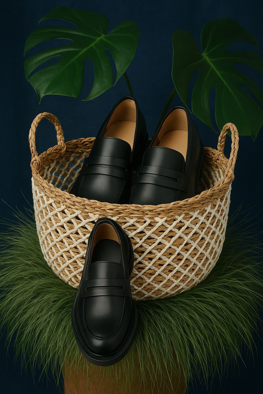 a pair of black shoes sitting in a basket