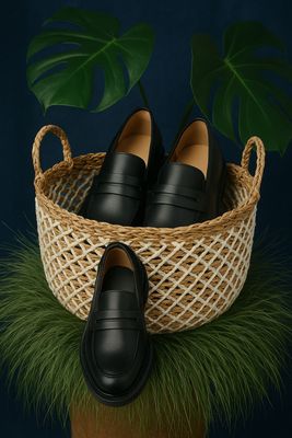 a pair of black shoes sitting in a basket