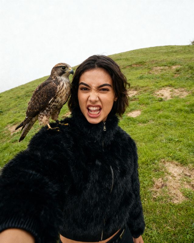 a woman holding a bird on her shoulder