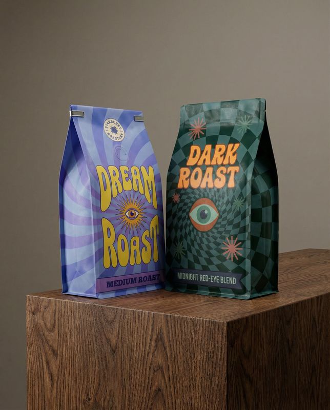 two bags of coffee sitting on top of a wooden table