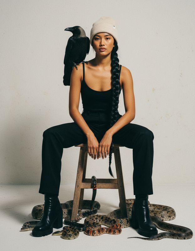 a woman sitting on a stool with a bird on her shoulder