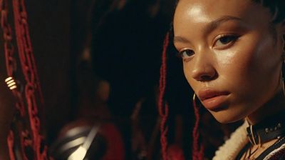 a close up of a woman with dreadlocks