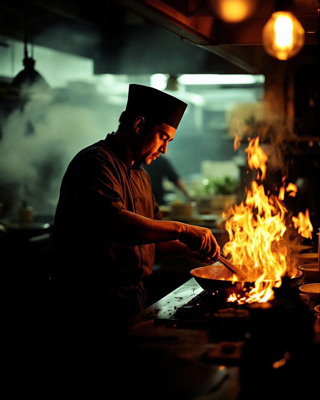 a man cooking on a grill in a kitchen