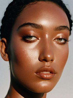 a close up of a woman's face with makeup