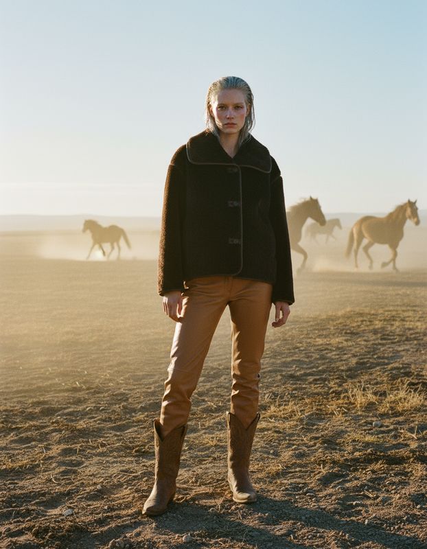 a woman standing in a field with horses behind her