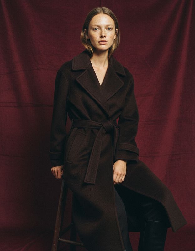 a woman in a black coat sitting on a chair