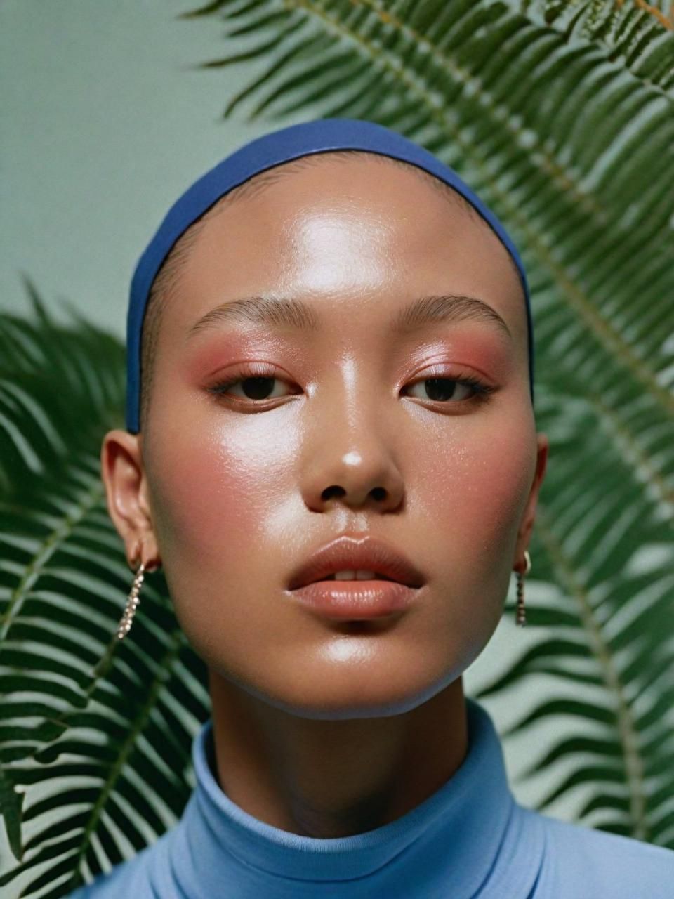 a woman with a blue head scarf and a plant behind her