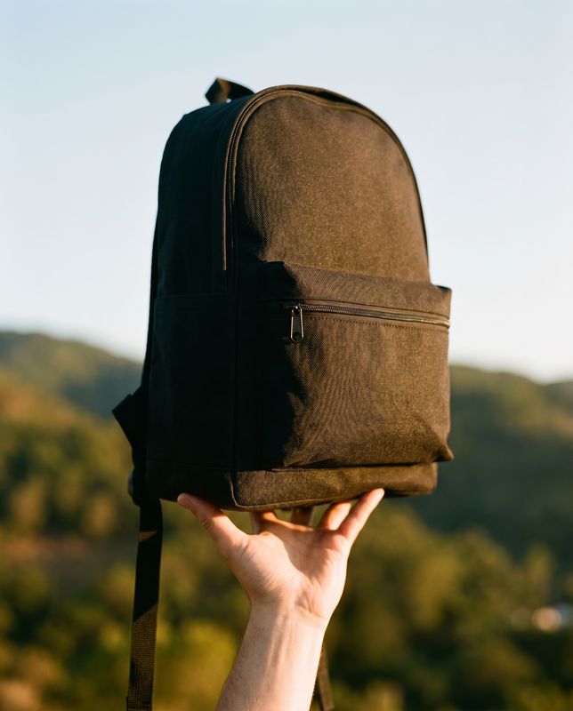 a person holding a backpack up to their face
