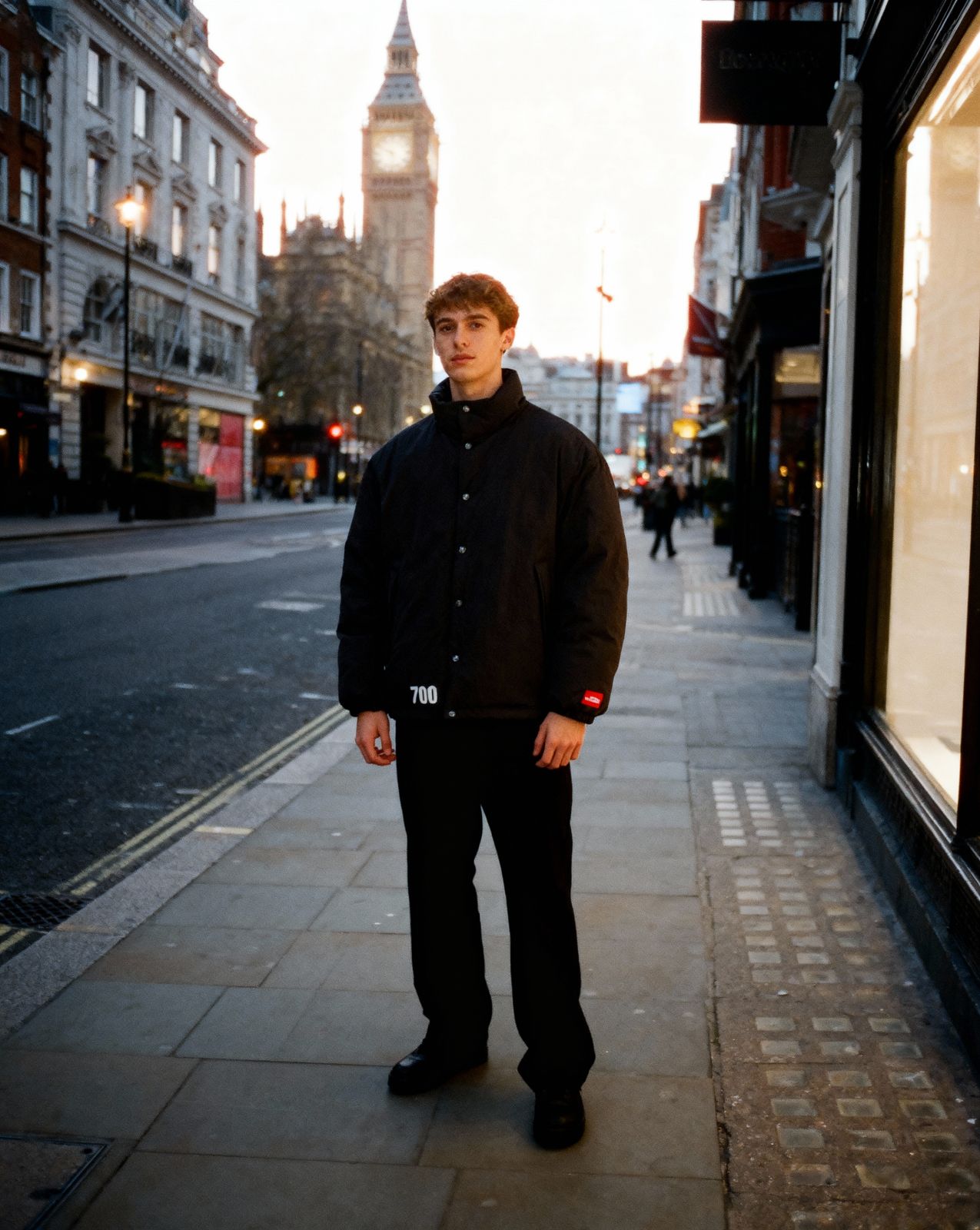 a man standing on a sidewalk in front of a building