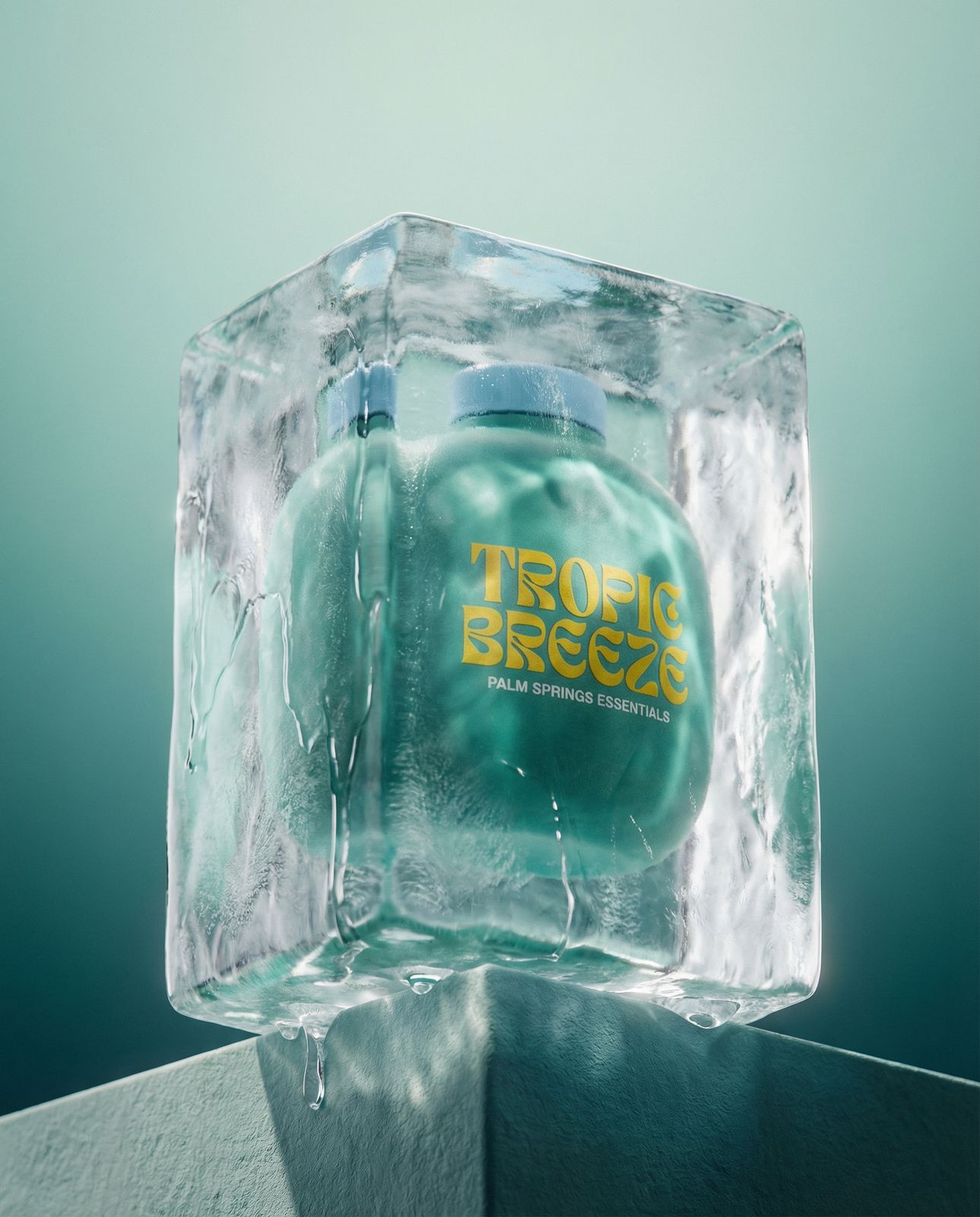 an ice cube with a bottle on top of it