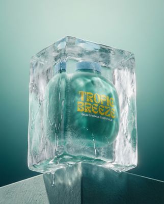 an ice cube with a bottle on top of it