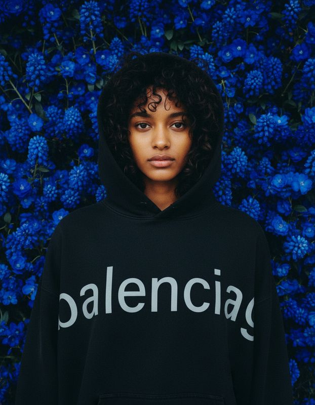 a woman wearing a black sweatshirt with the word calencia printed on it