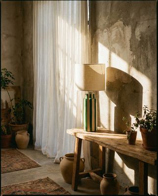 a room with a table, lamp and potted plants