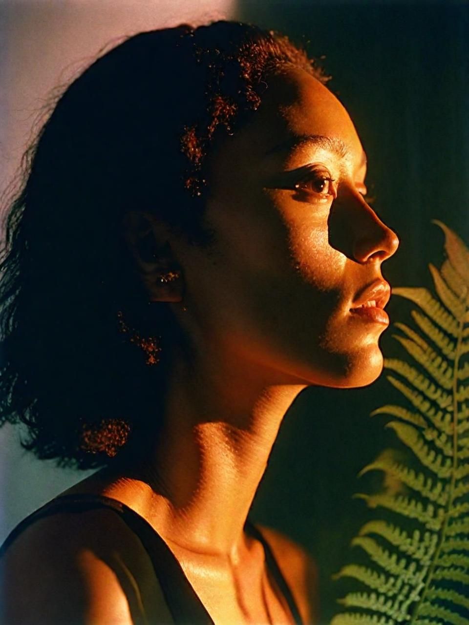 a woman standing in front of a fern leaf