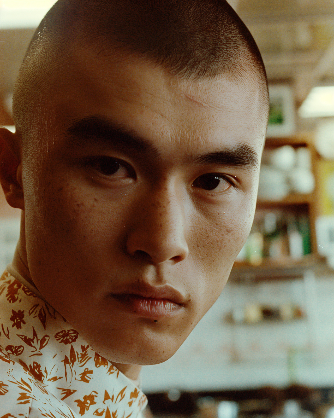 a man with a shaved head and a flowered shirt