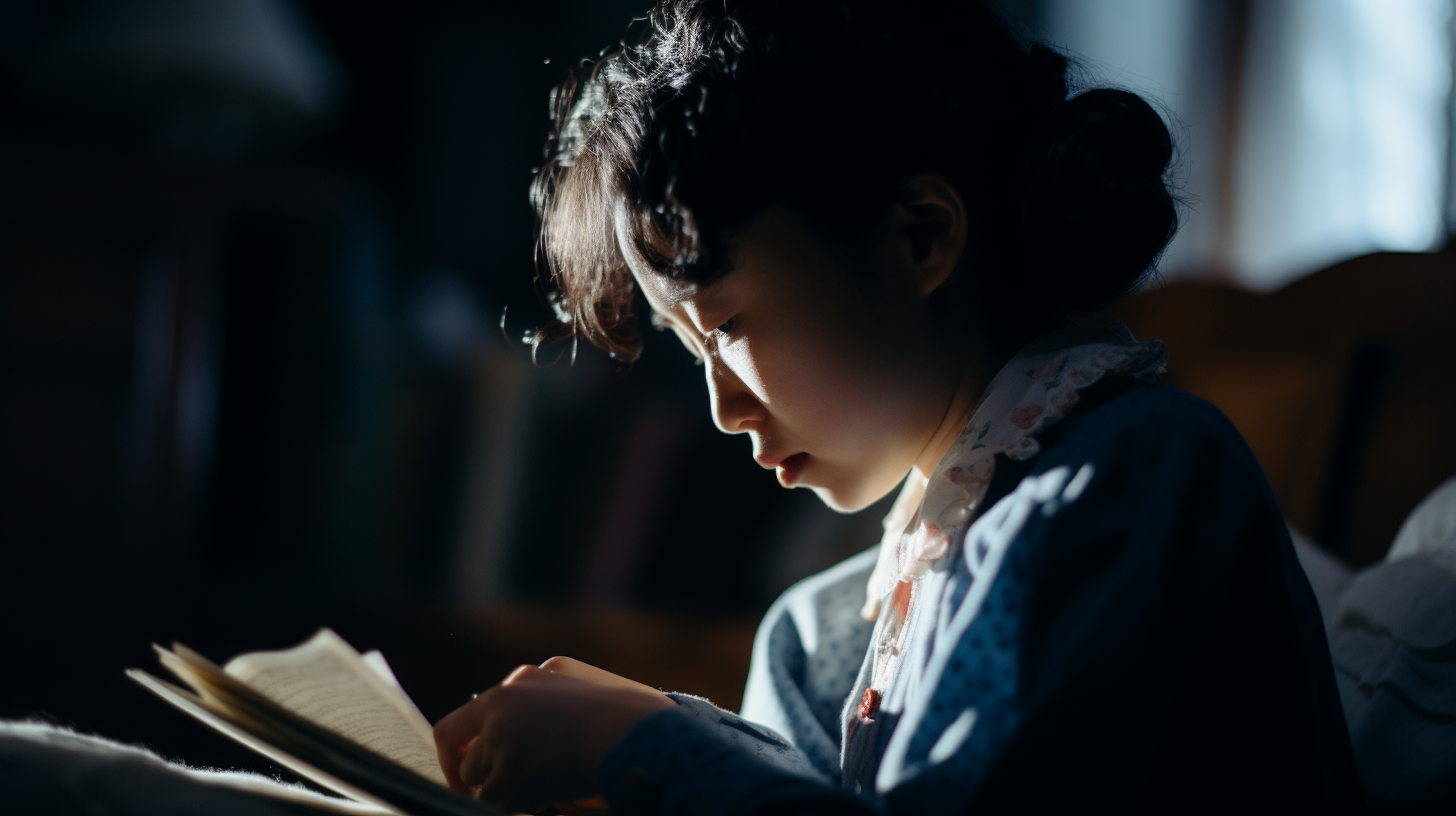 a young girl reading a book in the dark