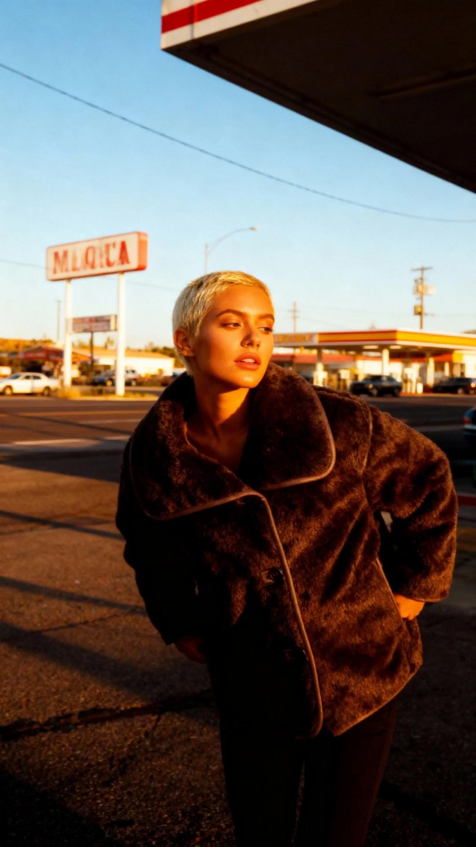 a woman standing in front of a gas station