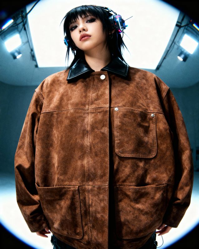 a woman wearing a brown jacket and headphones