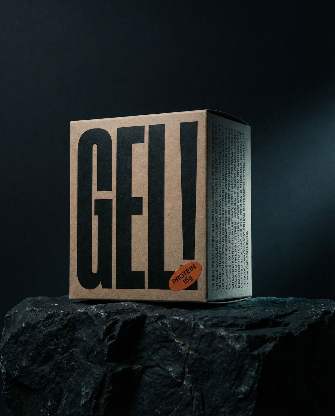a box of gel sitting on top of a rock