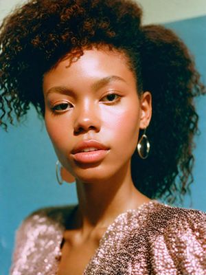 a close up of a person wearing large hoop earrings