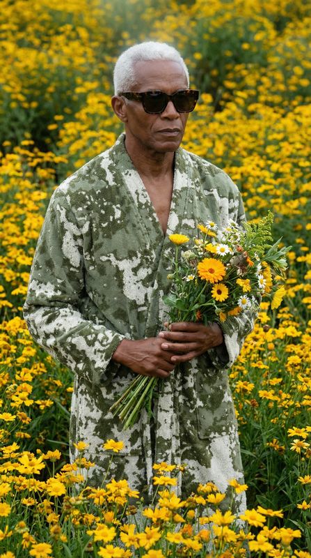 a man standing in a field of yellow flowers