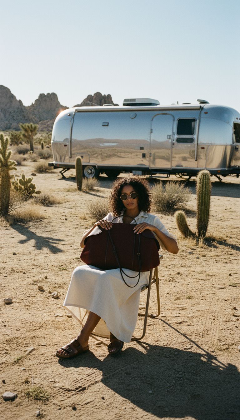 a woman sitting on a chair in the desert