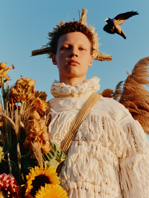 a man with a cross on his head and flowers in front of him