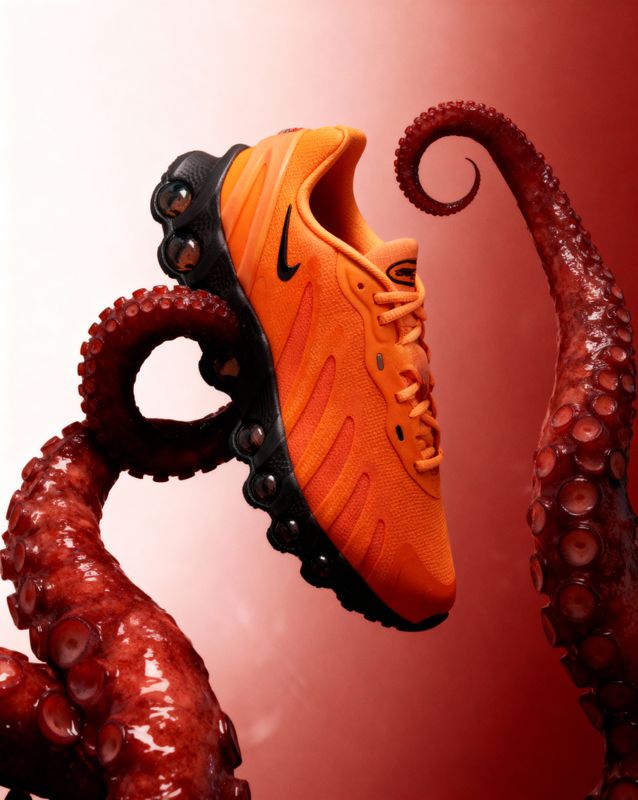 a pair of orange and black sneakers hanging from an octopus