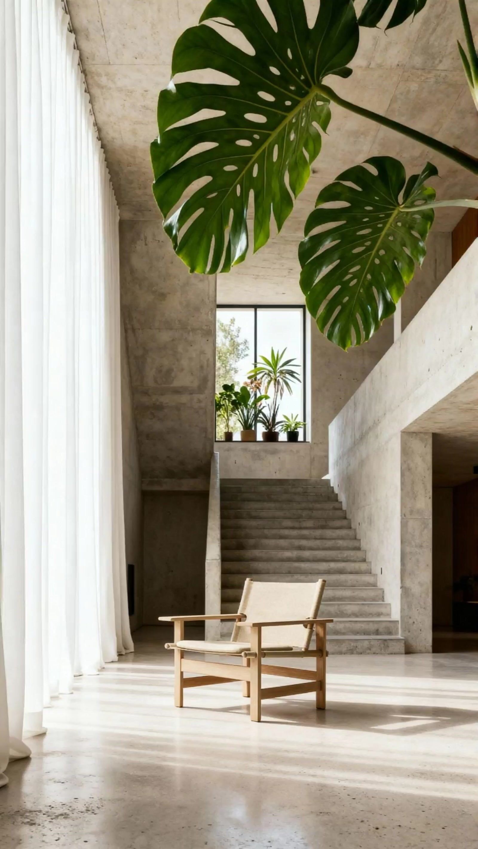 a chair sitting in front of a window next to a plant