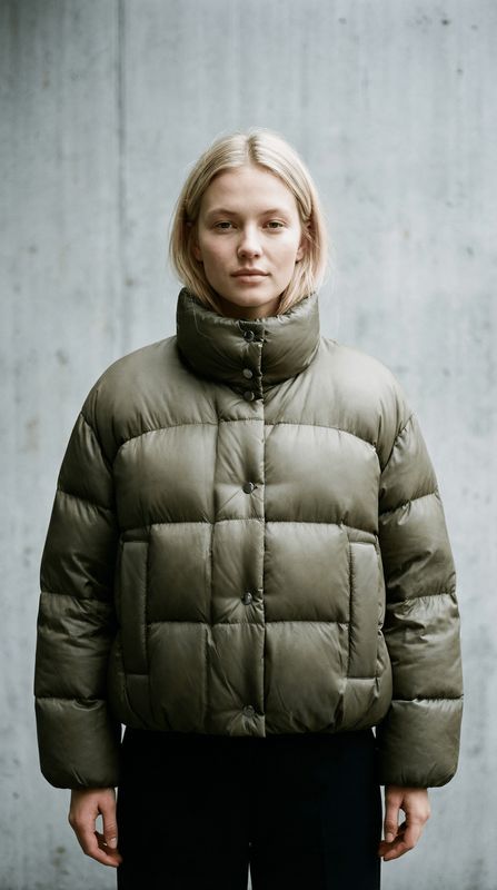 a woman standing in front of a concrete wall