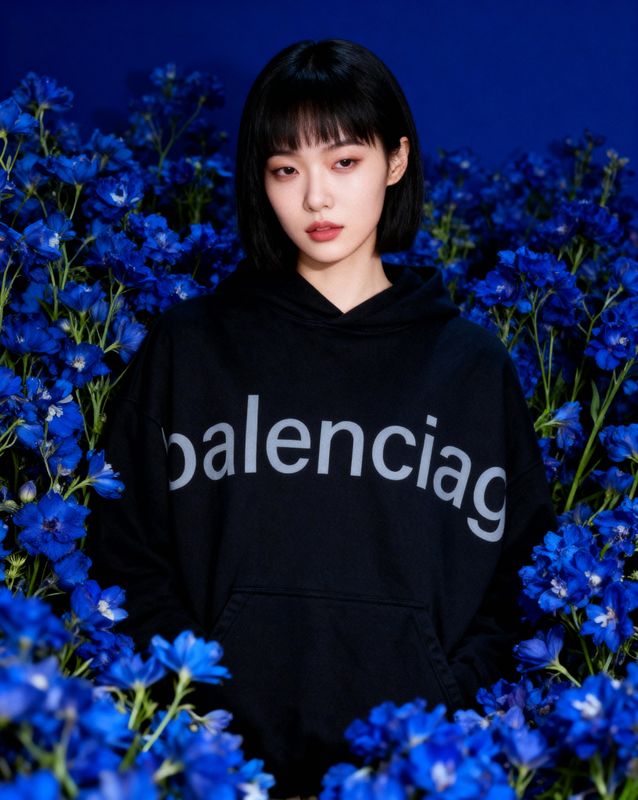 a woman standing in a field of blue flowers