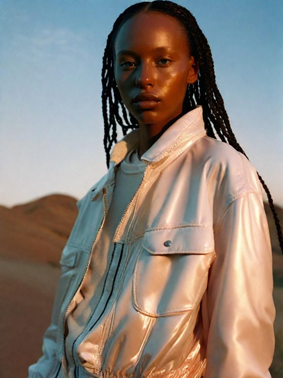 a woman with braids standing in the desert