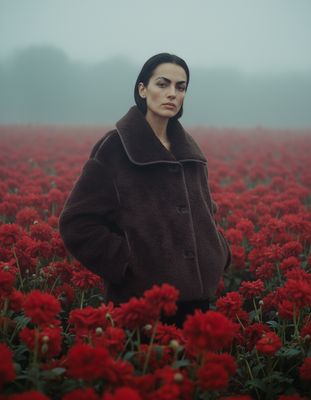 a woman standing in a field of red flowers