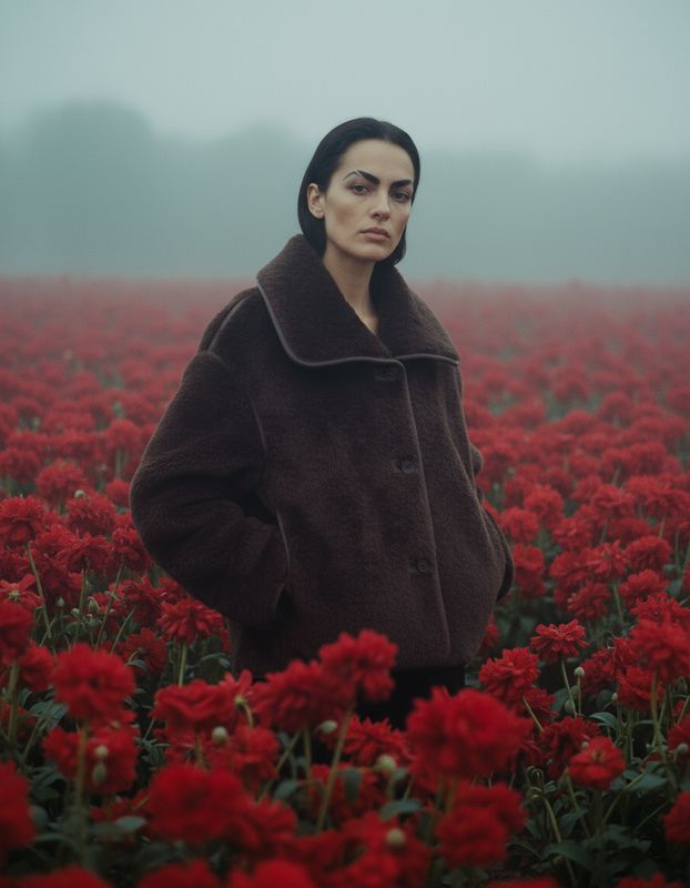 a woman standing in a field of red flowers
