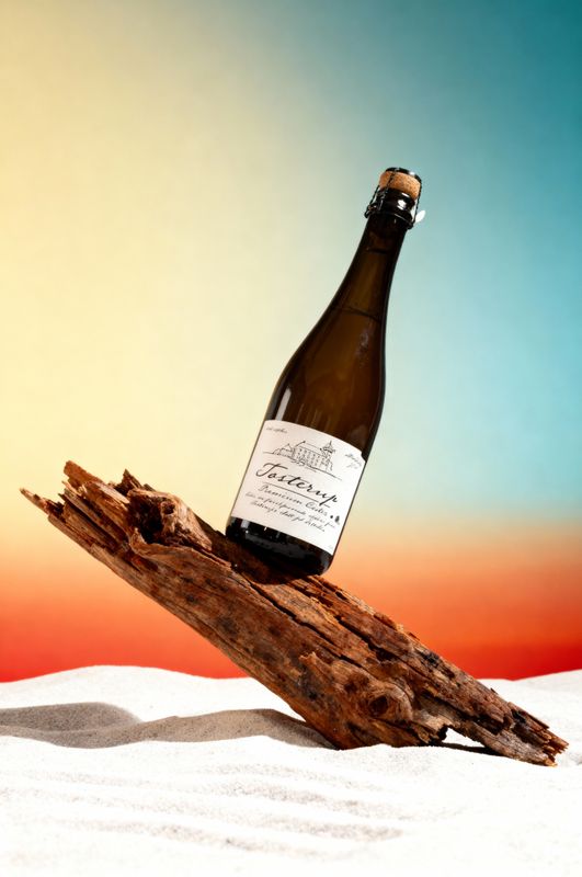 a bottle of wine sitting on top of a piece of wood